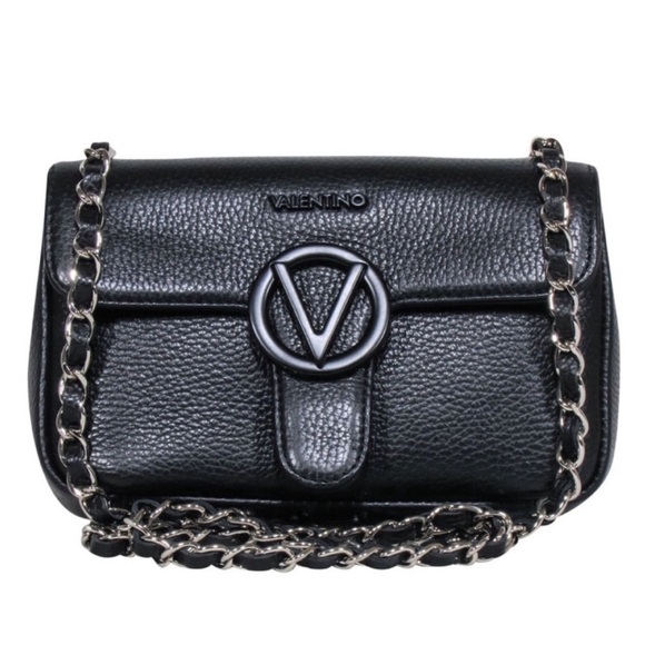 Valentino Handbags - VALENTINO Black Antionette Pebbed Leather Silver Chain Strap Crossbody Bag